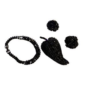 Vtg Three Pc Black Crystal Glass Beaded Leaf Brooch Button Earrings & Bracelet